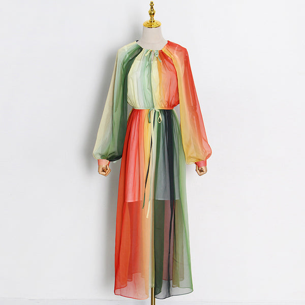 Summer Elegant Women Colorful Rainbow Round Neck Chiffon Lantern Sleeves High Waist Big Swing Long Dress