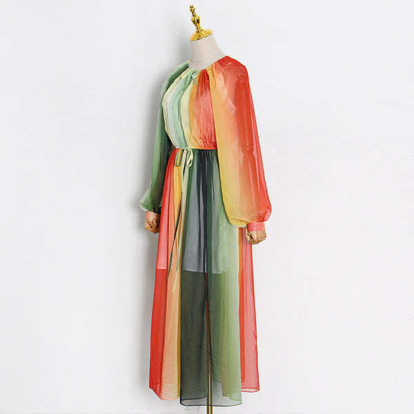 Summer Elegant Women Colorful Rainbow Round Neck Chiffon Lantern Sleeves High Waist Big Swing Long Dress