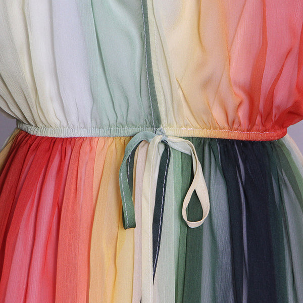 Summer Elegant Women Colorful Rainbow Round Neck Chiffon Lantern Sleeves High Waist Big Swing Long Dress