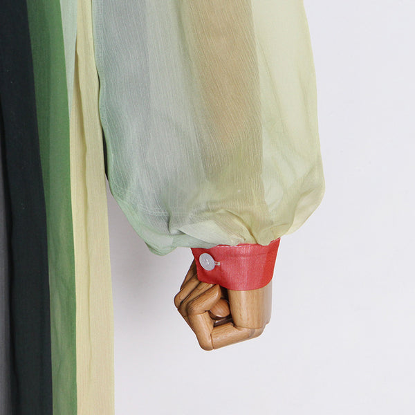 Summer Elegant Women Colorful Rainbow Round Neck Chiffon Lantern Sleeves High Waist Big Swing Long Dress