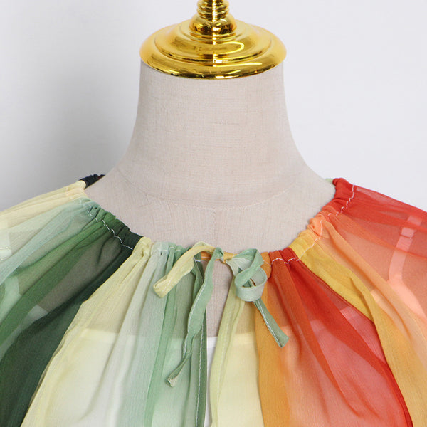 Summer Elegant Women Colorful Rainbow Round Neck Chiffon Lantern Sleeves High Waist Big Swing Long Dress