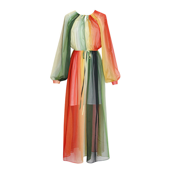 Summer Elegant Women Colorful Rainbow Round Neck Chiffon Lantern Sleeves High Waist Big Swing Long Dress