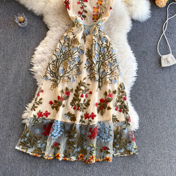 Sparkly Retro Style Temperament Women Round Neck Sleeveless Mesh Floral Embroidered Dinner A Line Dress