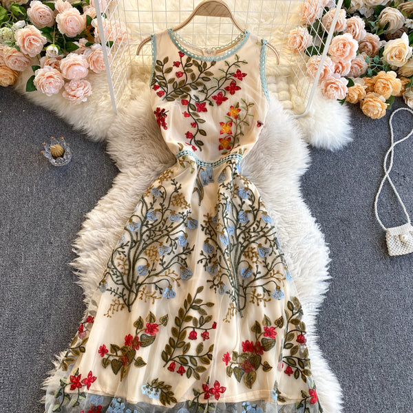Sparkly Retro Style Temperament Women Round Neck Sleeveless Mesh Floral Embroidered Dinner A Line Dress