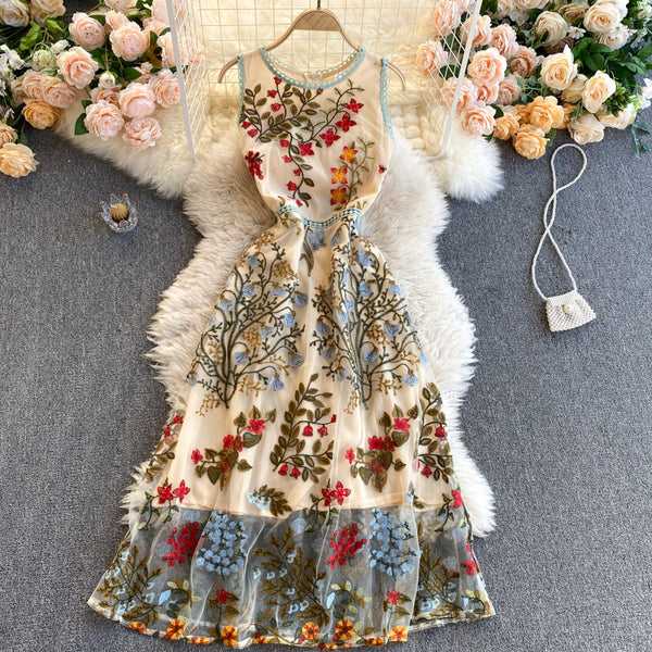 Sparkly Retro Style Temperament Women Round Neck Sleeveless Mesh Floral Embroidered Dinner A Line Dress