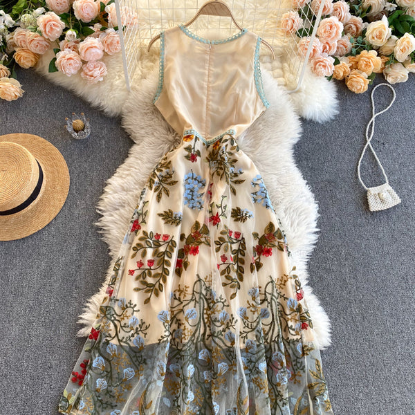 Sparkly Retro Style Temperament Women Round Neck Sleeveless Mesh Floral Embroidered Dinner A Line Dress