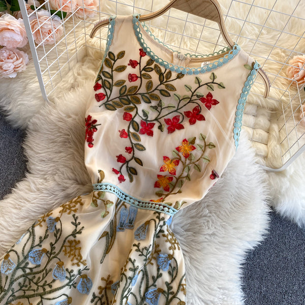 Sparkly Retro Style Temperament Women Round Neck Sleeveless Mesh Floral Embroidered Dinner A Line Dress