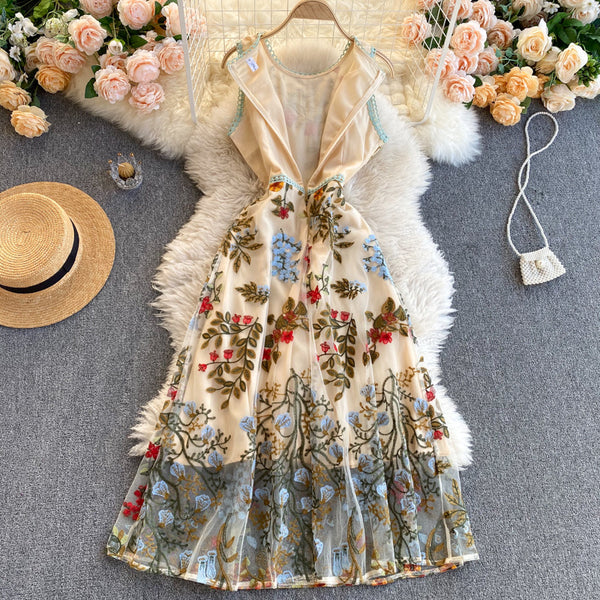 Sparkly Retro Style Temperament Women Round Neck Sleeveless Mesh Floral Embroidered Dinner A Line Dress