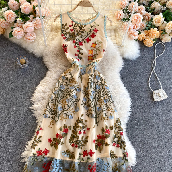 Sparkly Retro Style Temperament Women Round Neck Sleeveless Mesh Floral Embroidered Dinner A Line Dress