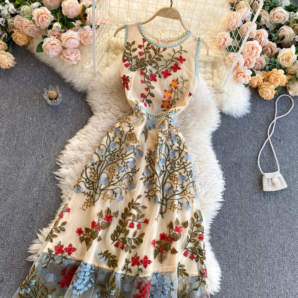 Sparkly Retro Style Temperament Women Round Neck Sleeveless Mesh Floral Embroidered Dinner A Line Dress
