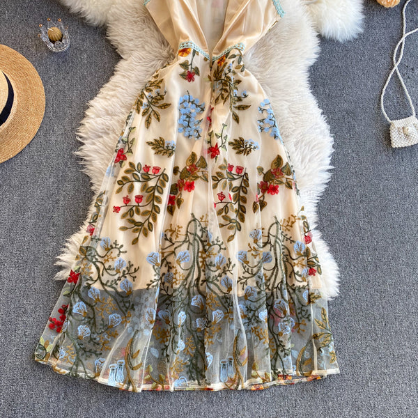 Sparkly Retro Style Temperament Women Round Neck Sleeveless Mesh Floral Embroidered Dinner A Line Dress