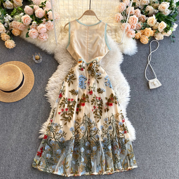 Sparkly Retro Style Temperament Women Round Neck Sleeveless Mesh Floral Embroidered Dinner A Line Dress