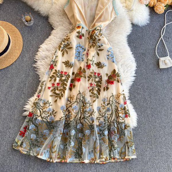 Sparkly Retro Style Temperament Women Round Neck Sleeveless Mesh Floral Embroidered Dinner A Line Dress