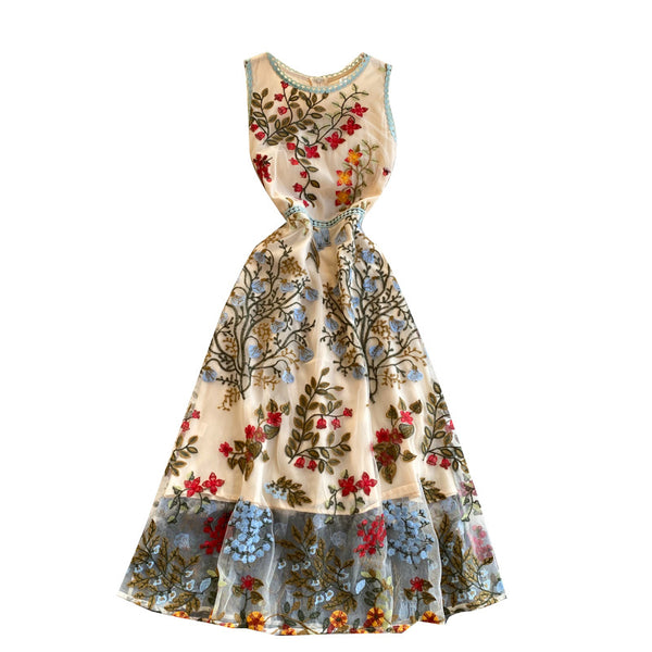 Sparkly Retro Style Temperament Women Round Neck Sleeveless Mesh Floral Embroidered Dinner A Line Dress