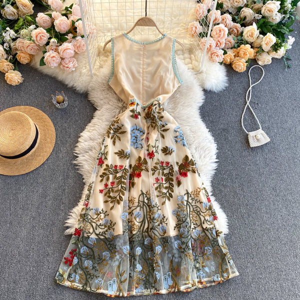 Sparkly Retro Style Temperament Women Round Neck Sleeveless Mesh Floral Embroidered Dinner A Line Dress