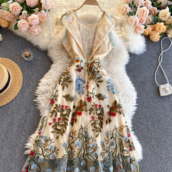 Sparkly Retro Style Temperament Women Round Neck Sleeveless Mesh Floral Embroidered Dinner A Line Dress