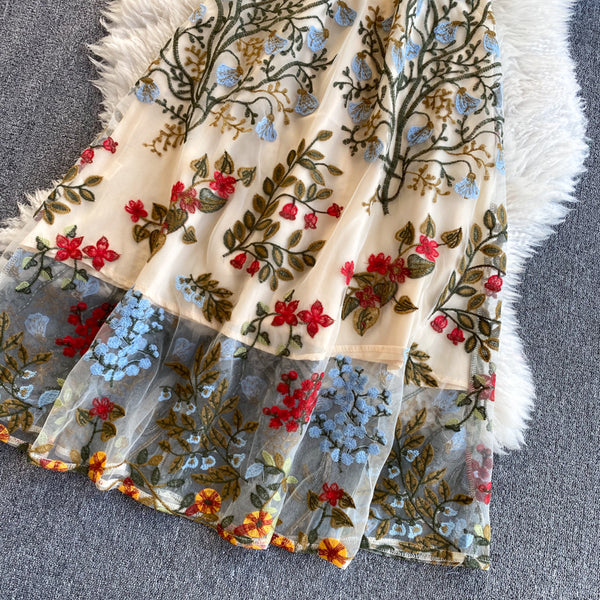 Sparkly Retro Style Temperament Women Round Neck Sleeveless Mesh Floral Embroidered Dinner A Line Dress