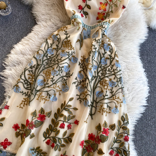 Sparkly Retro Style Temperament Women Round Neck Sleeveless Mesh Floral Embroidered Dinner A Line Dress