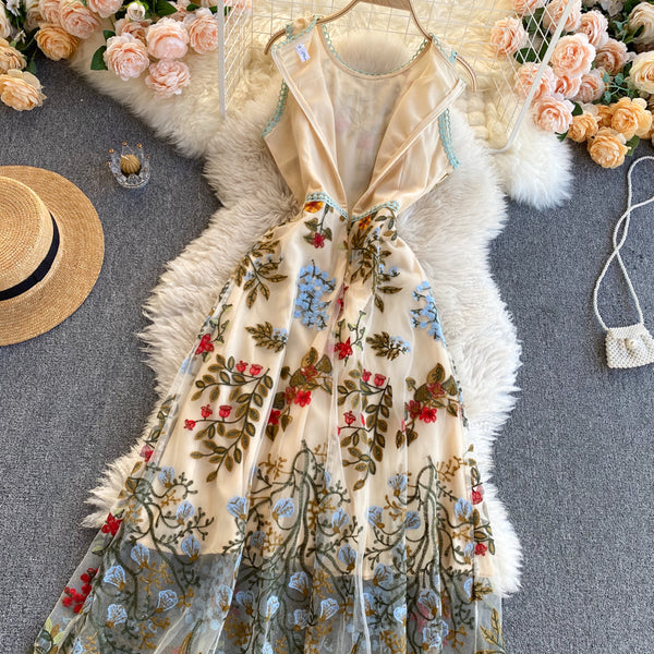 Sparkly Retro Style Temperament Women Round Neck Sleeveless Mesh Floral Embroidered Dinner A Line Dress