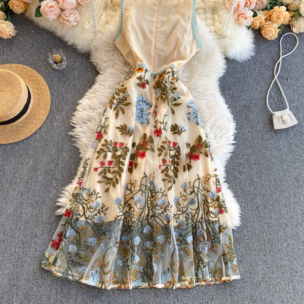 Sparkly Retro Style Temperament Women Round Neck Sleeveless Mesh Floral Embroidered Dinner A Line Dress
