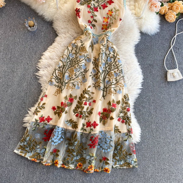 Sparkly Retro Style Temperament Women Round Neck Sleeveless Mesh Floral Embroidered Dinner A Line Dress