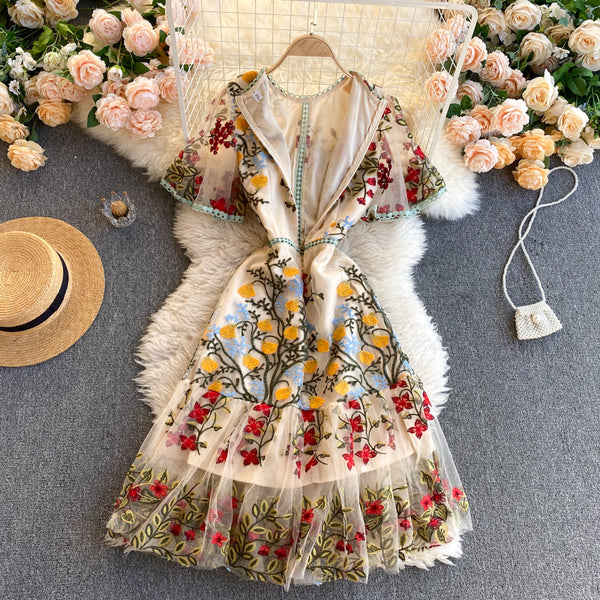 Cozy Retro Style Chic Women Beautiful Round Neck Short Sleeves Mesh Floral Embroidered A Line Dress