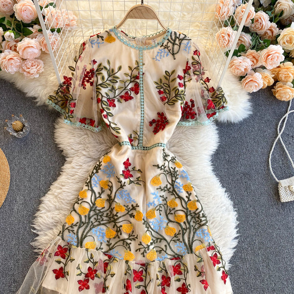 Cozy Retro Style Chic Women Beautiful Round Neck Short Sleeves Mesh Floral Embroidered A Line Dress