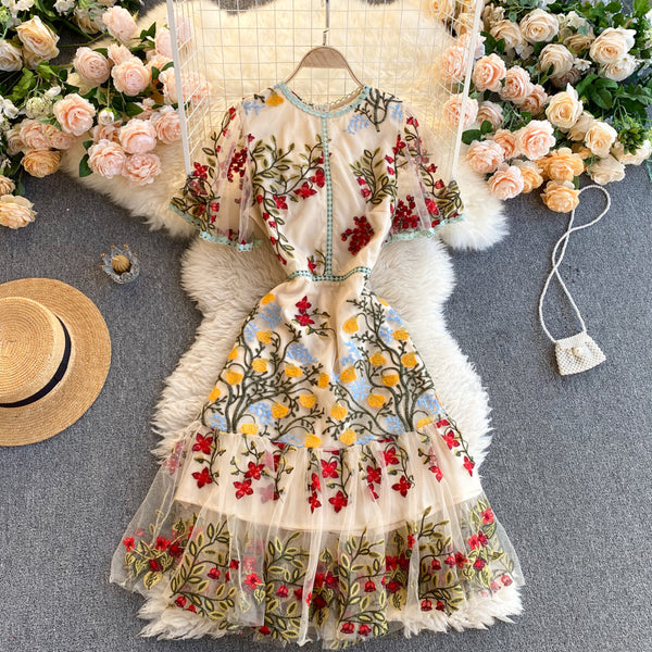 Cozy Retro Style Chic Women Beautiful Round Neck Short Sleeves Mesh Floral Embroidered A Line Dress