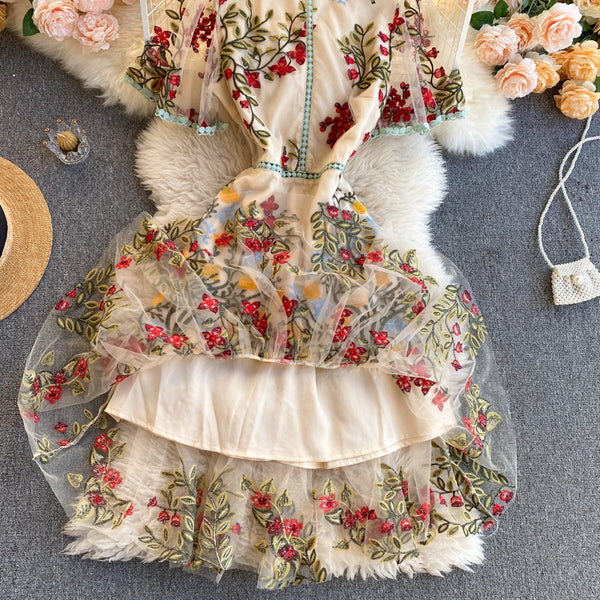 Cozy Retro Style Chic Women Beautiful Round Neck Short Sleeves Mesh Floral Embroidered A Line Dress