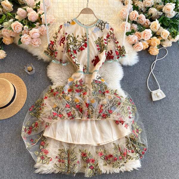 Cozy Retro Style Chic Women Beautiful Round Neck Short Sleeves Mesh Floral Embroidered A Line Dress