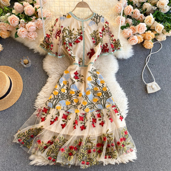 Cozy Retro Style Chic Women Beautiful Round Neck Short Sleeves Mesh Floral Embroidered A Line Dress