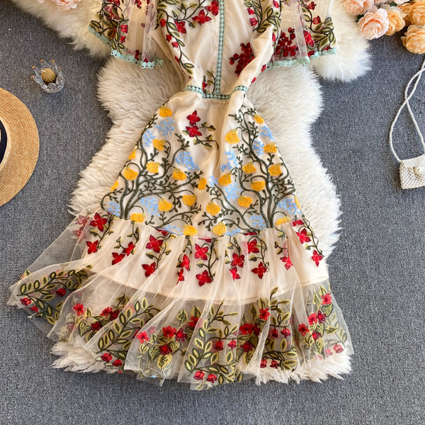 Cozy Retro Style Chic Women Beautiful Round Neck Short Sleeves Mesh Floral Embroidered A Line Dress