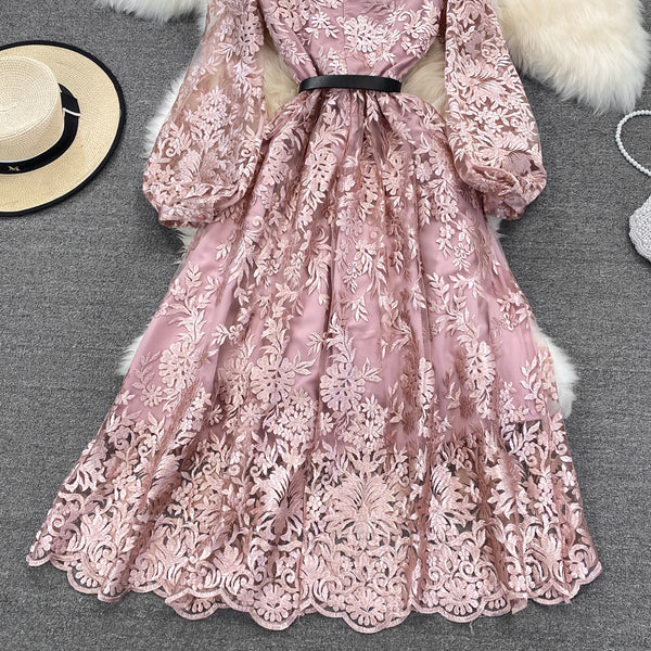 Luxury Temperament Women Stand Up Collar Lantern Long Sleeved Lace Waist A Line Mesh Floral Embroidery Pleated Hem Dress