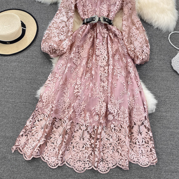 Luxury Temperament Women Stand Up Collar Lantern Long Sleeved Lace Waist A Line Mesh Floral Embroidery Pleated Hem Dress