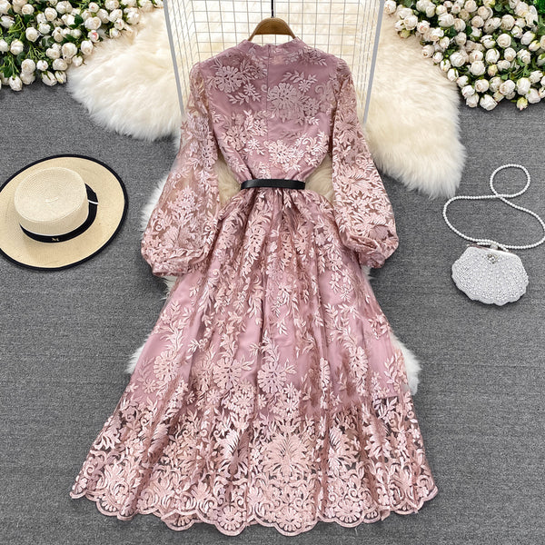 Luxury Temperament Women Stand Up Collar Lantern Long Sleeved Lace Waist A Line Mesh Floral Embroidery Pleated Hem Dress