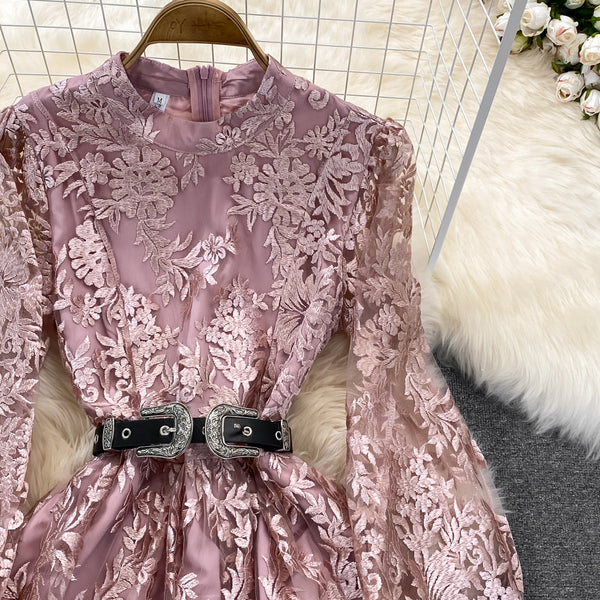 Luxury Temperament Women Stand Up Collar Lantern Long Sleeved Lace Waist A Line Mesh Floral Embroidery Pleated Hem Dress