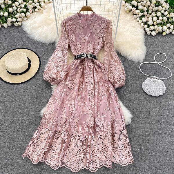 Luxury Temperament Women Stand Up Collar Lantern Long Sleeved Lace Waist A Line Mesh Floral Embroidery Pleated Hem Dress
