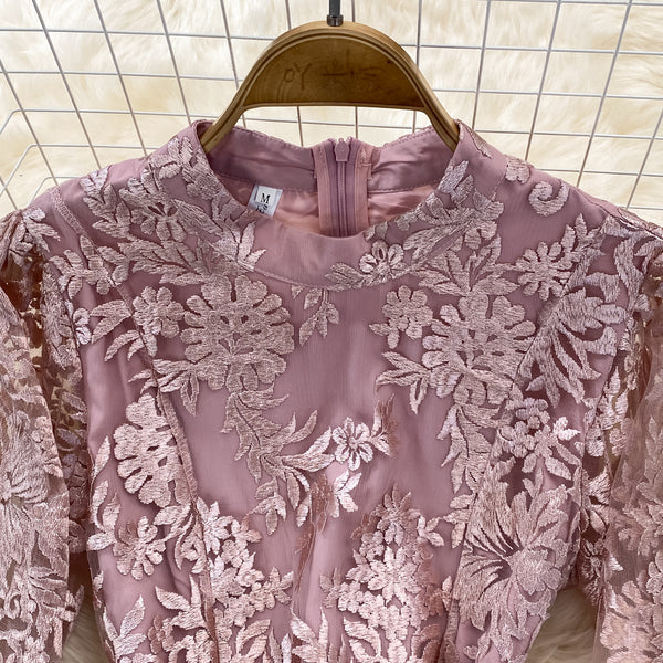 Luxury Temperament Women Stand Up Collar Lantern Long Sleeved Lace Waist A Line Mesh Floral Embroidery Pleated Hem Dress