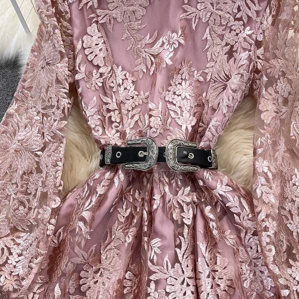 Luxury Temperament Women Stand Up Collar Lantern Long Sleeved Lace Waist A Line Mesh Floral Embroidery Pleated Hem Dress