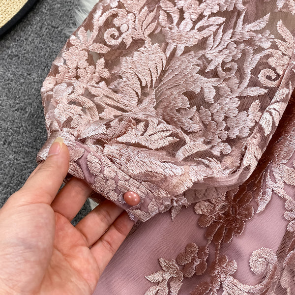 Luxury Temperament Women Stand Up Collar Lantern Long Sleeved Lace Waist A Line Mesh Floral Embroidery Pleated Hem Dress