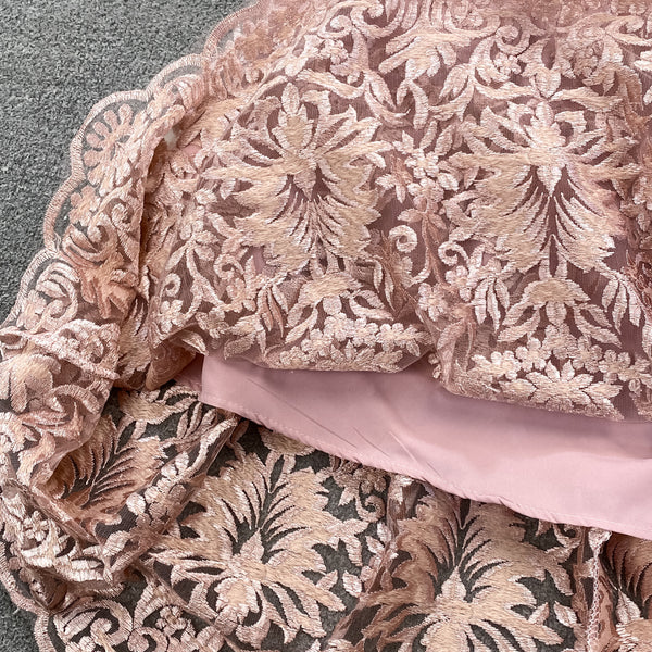 Luxury Temperament Women Stand Up Collar Lantern Long Sleeved Lace Waist A Line Mesh Floral Embroidery Pleated Hem Dress