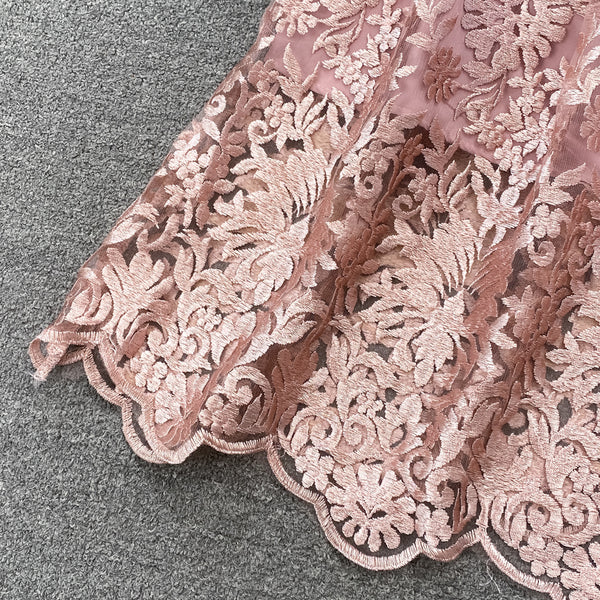 Luxury Temperament Women Stand Up Collar Lantern Long Sleeved Lace Waist A Line Mesh Floral Embroidery Pleated Hem Dress