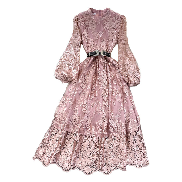 Luxury Temperament Women Stand Up Collar Lantern Long Sleeved Lace Waist A Line Mesh Floral Embroidery Pleated Hem Dress