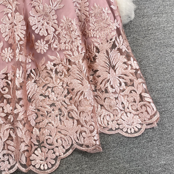 Luxury Temperament Women Stand Up Collar Lantern Long Sleeved Lace Waist A Line Mesh Floral Embroidery Pleated Hem Dress