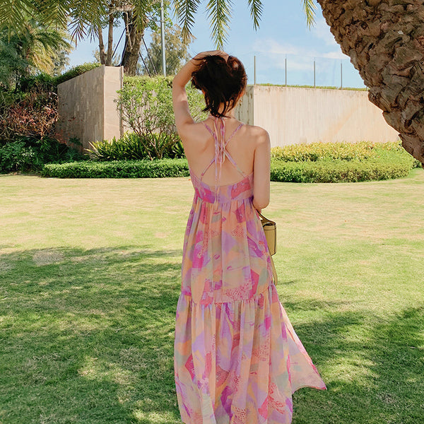 Elegant Summer Beach Sexy Women V-neck Backless Floral Printed Side Split Leisure Long Maxi Dress