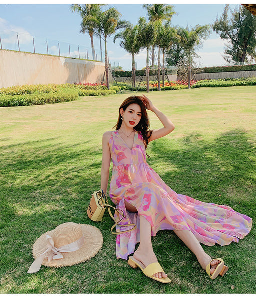 Elegant Summer Beach Sexy Women V-neck Backless Floral Printed Side Split Leisure Long Maxi Dress