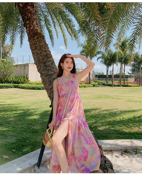 Elegant Summer Beach Sexy Women V-neck Backless Floral Printed Side Split Leisure Long Maxi Dress