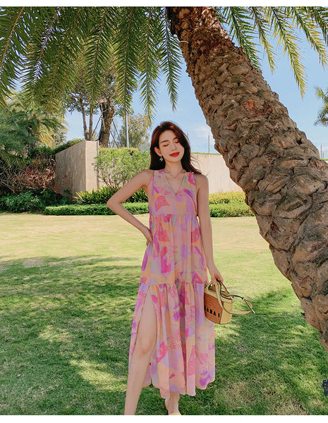 Elegant Summer Beach Sexy Women V-neck Backless Floral Printed Side Split Leisure Long Maxi Dress