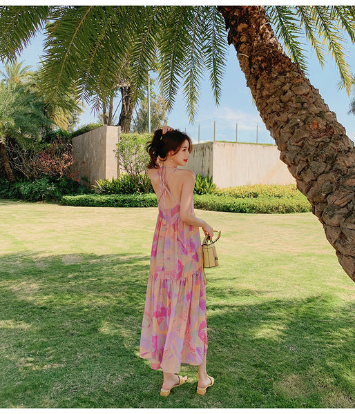 Elegant Summer Beach Sexy Women V-neck Backless Floral Printed Side Split Leisure Long Maxi Dress