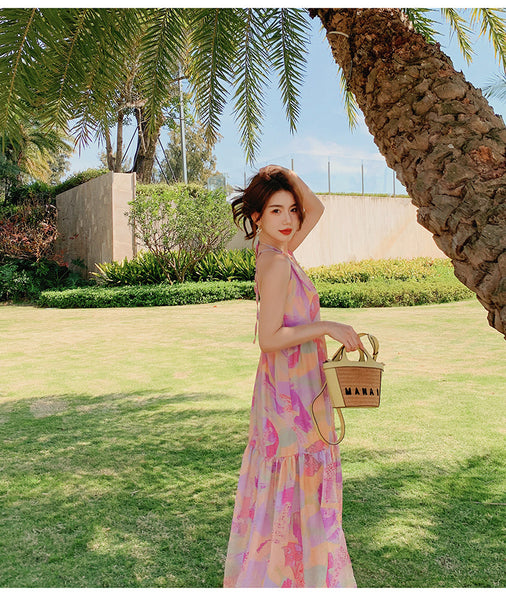 Elegant Summer Beach Sexy Women V-neck Backless Floral Printed Side Split Leisure Long Maxi Dress